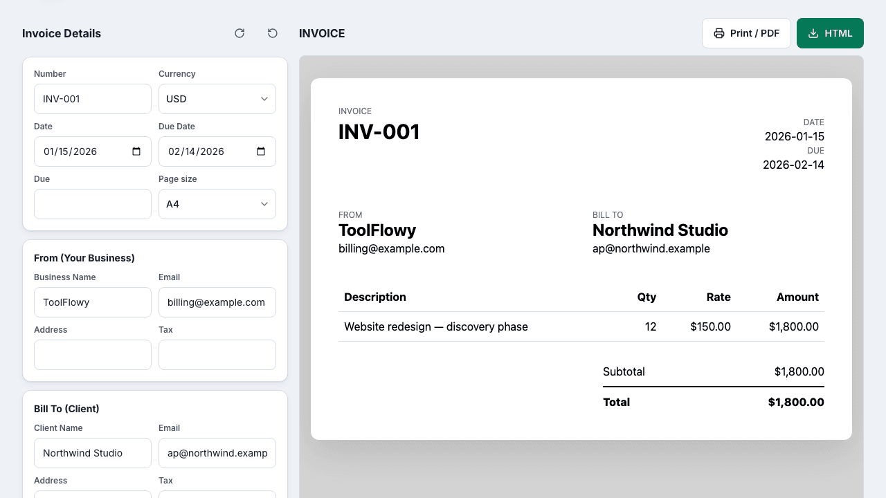 Screenshot of the Invoice Studio interface